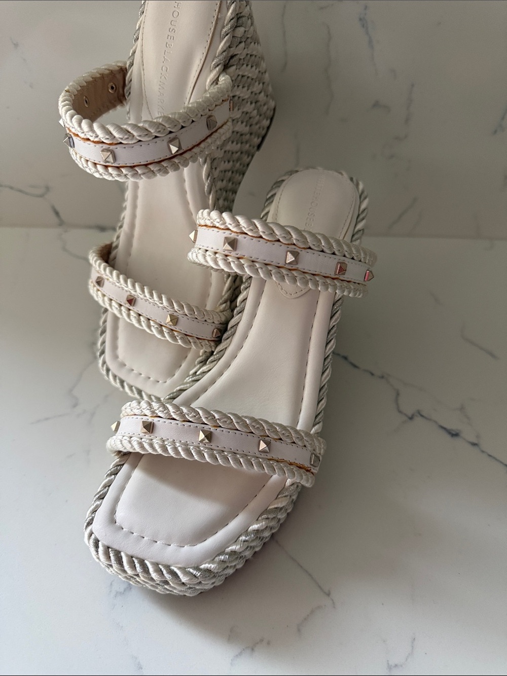 White House Black Market Braided Studded Platform Block Heel Sandals White Sz 6